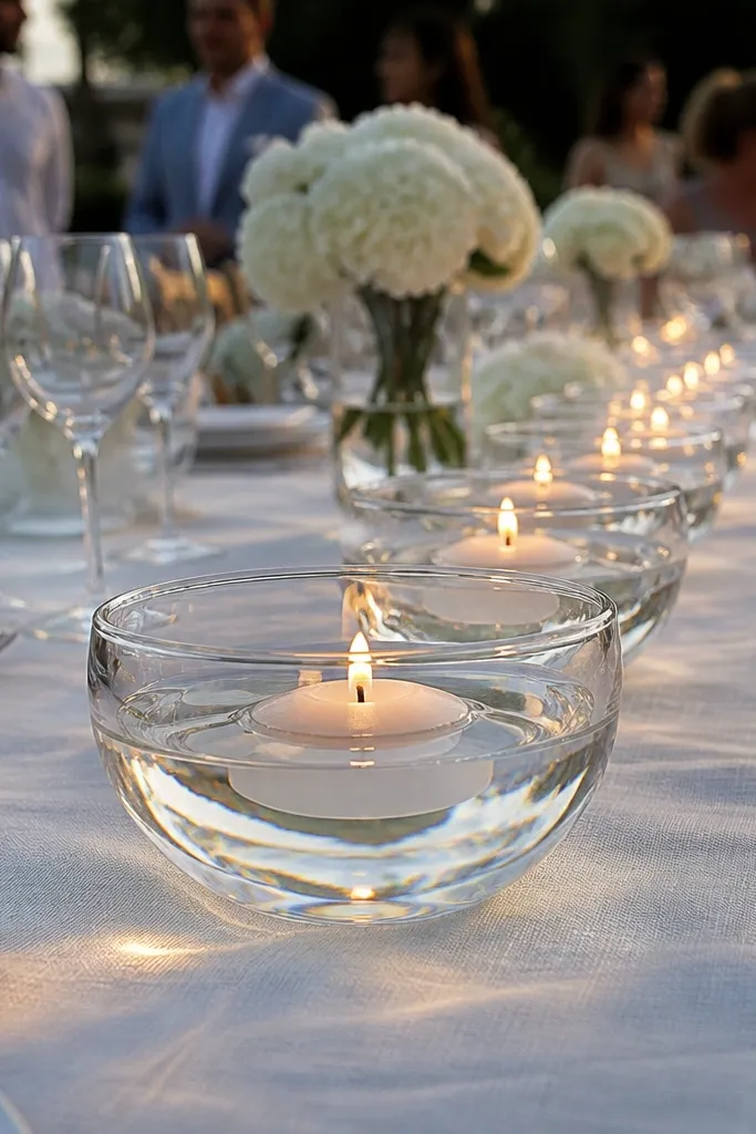 Low white floating candles in clear glass bowls