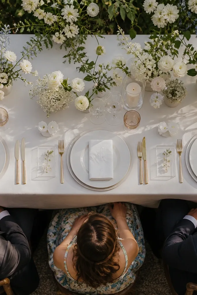 Clear acrylic holders near plates with tiny white bud clusters