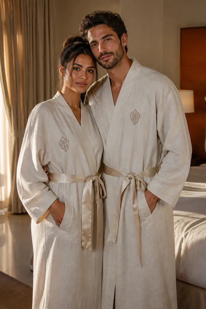 Cream linen robes with stitched initials and satin ties laid neatly on a bed
