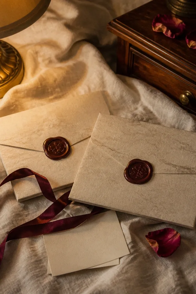 Thick cream stationery with wax seal on envelopes arranged in a small stack