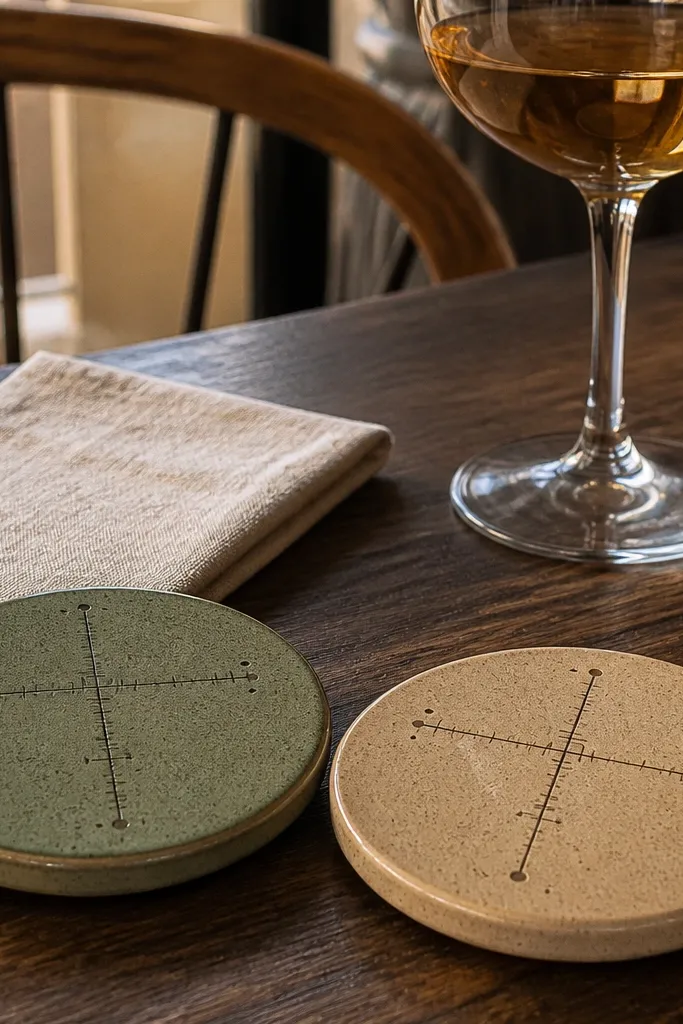 Four ceramic coasters with matching glaze and small coordinate text in the center