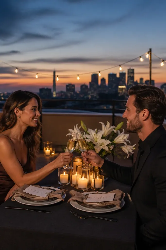 Two place settings on a rooftop table with candles and a menu card