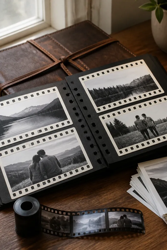A cream album with film-style frames open on a desk with markers