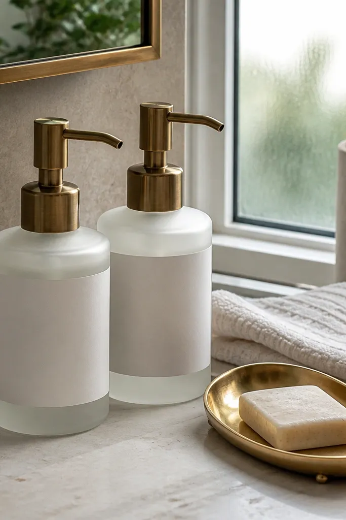 Two matching soap bottles with labels on a bathroom counter near a towel