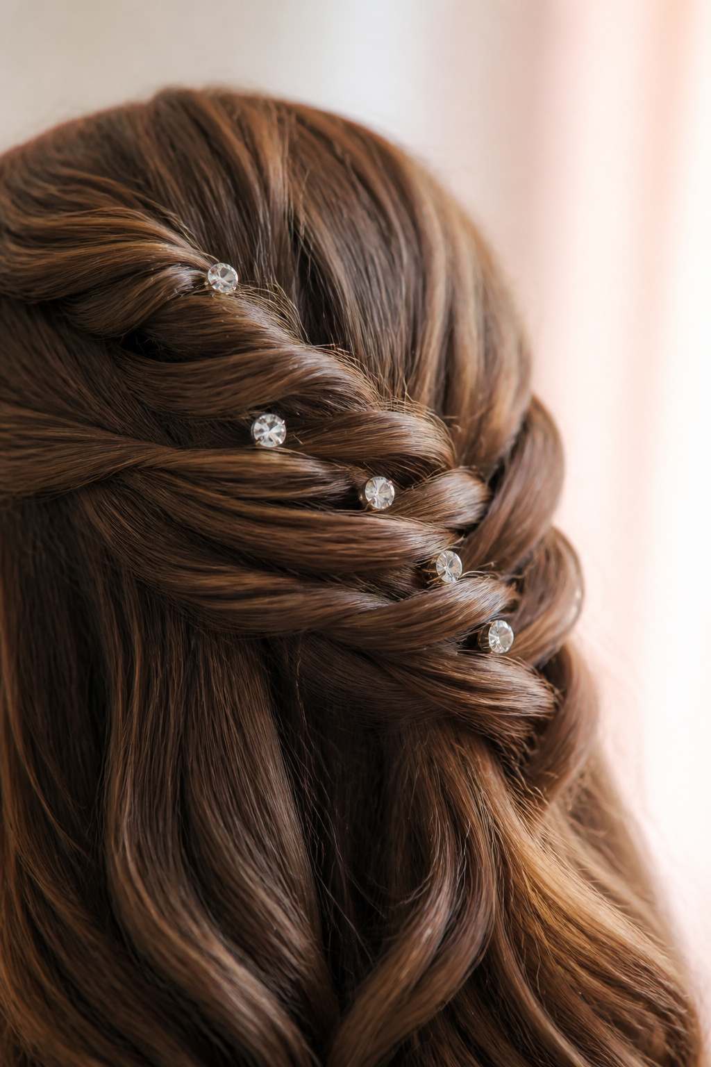 Girl with a side-swept twist across the forehead held by sparkly pins