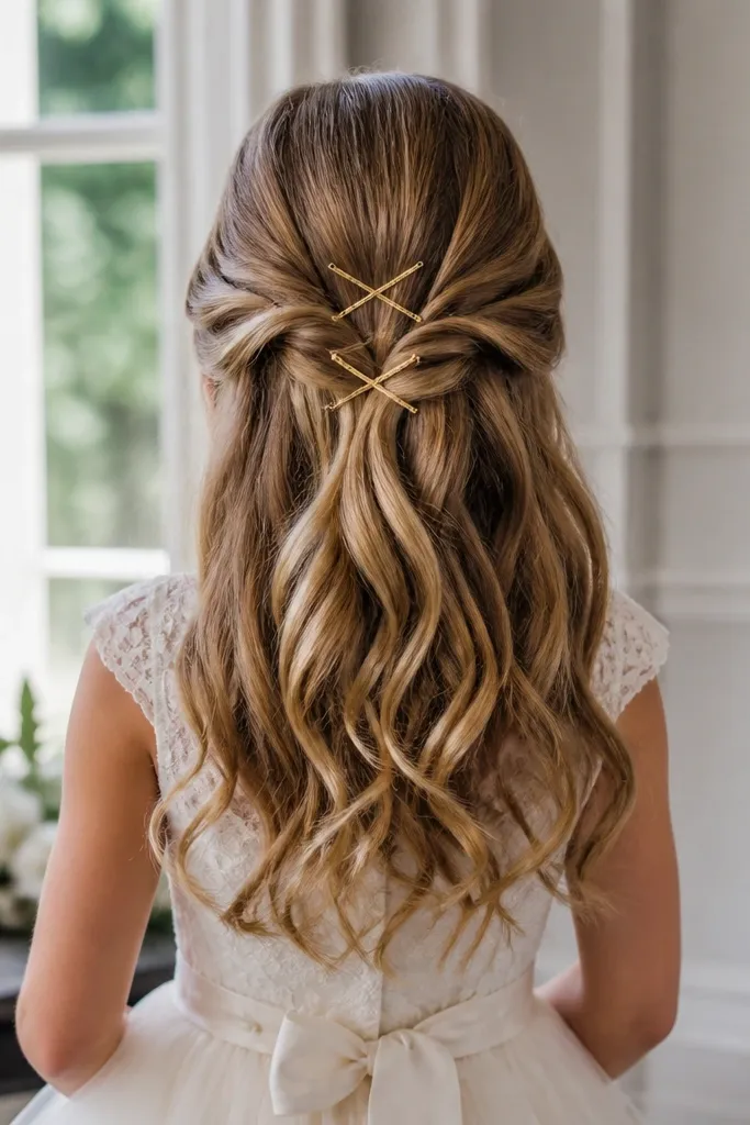 Girl with half-up hair tied into a small knot and pinned crisscross