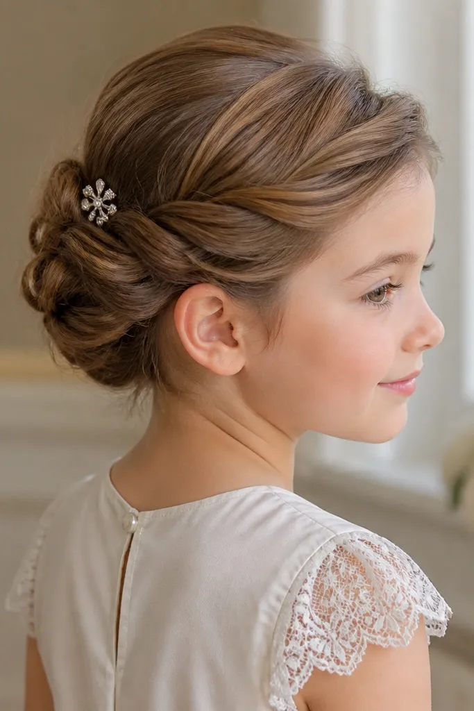 Girl with two low twists meeting at the back secured by a small barrette