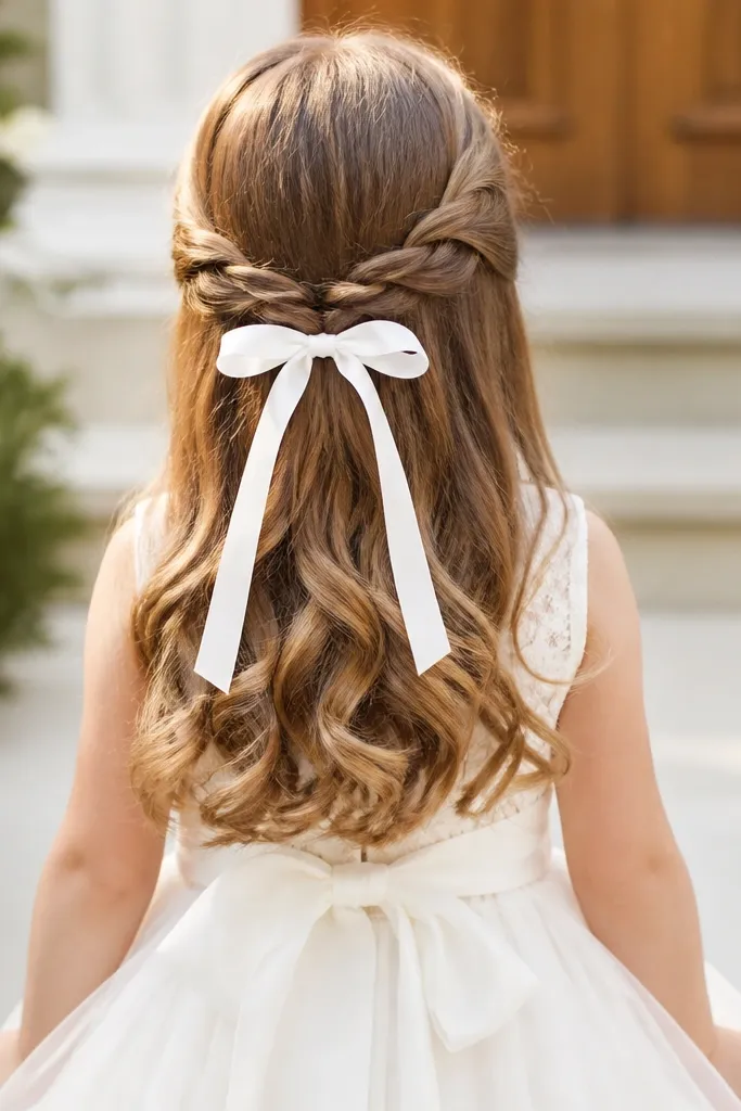 Girl with a rope twist half-up style held by a ribbon
