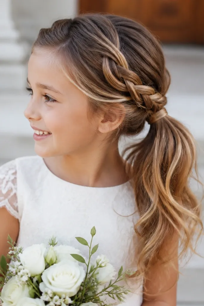Girl with two bubble braids and a small flower clip near the top
