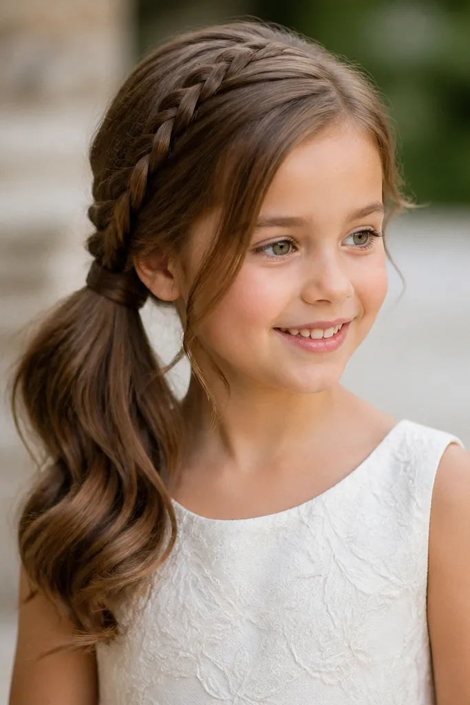 Girl with a side ponytail and a braid wrapped around the base