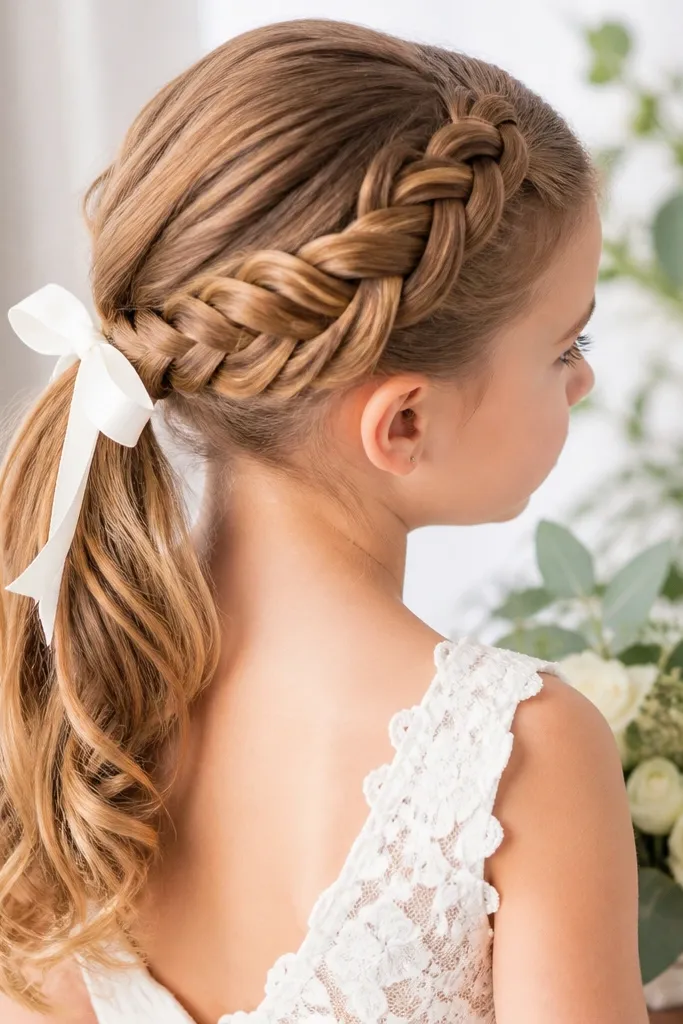 Girl with a crown braid across the head and a ponytail at the back
