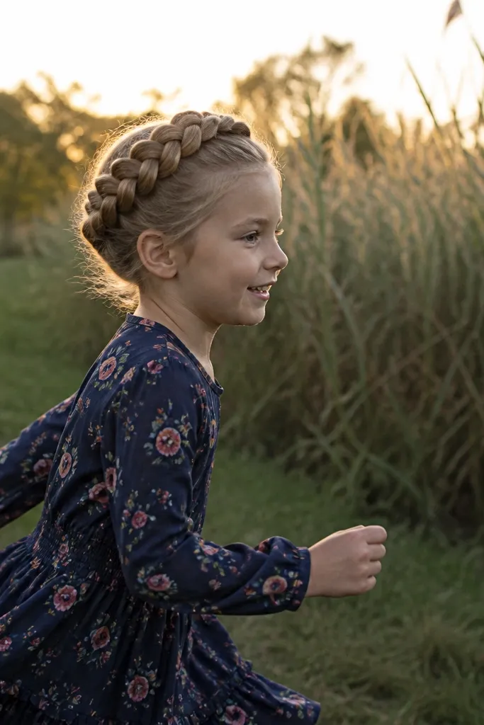 Girl with a Dutch braid crown and a braid end secured low with one elastic