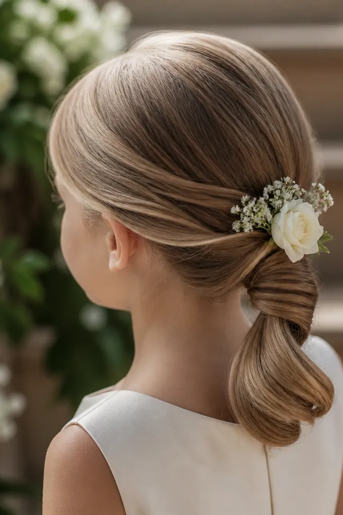 Girl with a low ponytail wrapped in twists and a flower pin near the side