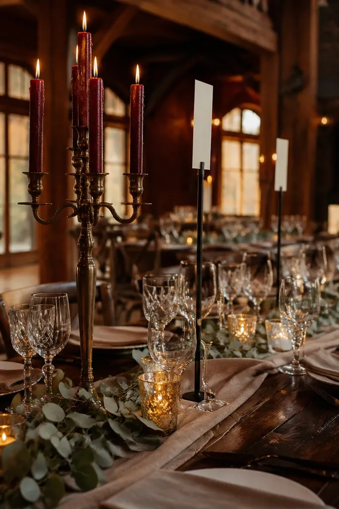Burgundy tapers on a black candelabra with slim stems holding place cards