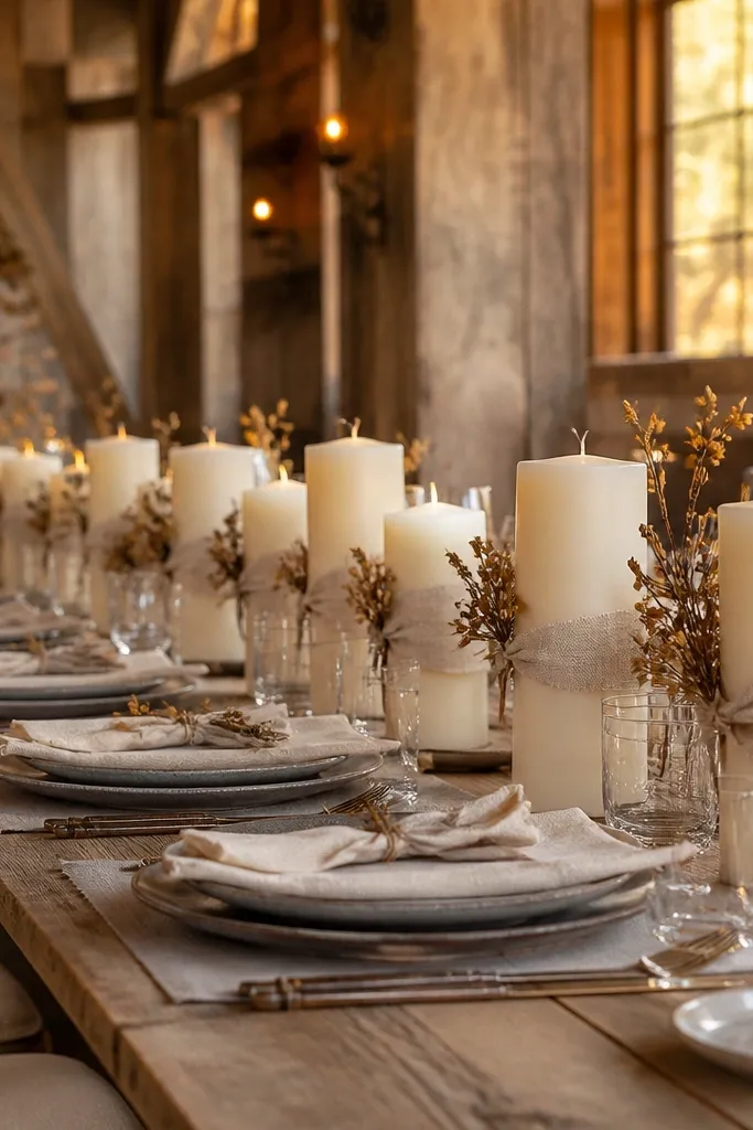 Ivory candle blocks with dried seed pods and thin linen ties on a table