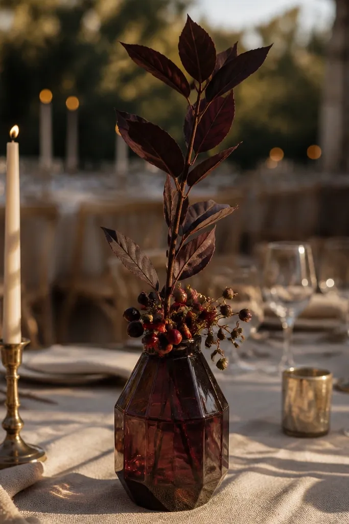 Deep burgundy glass vase with one tall stem and scattered berries