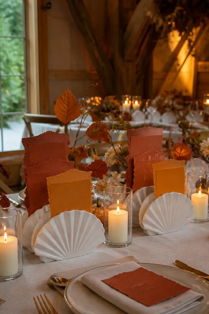White fan-shaped ceramic risers holding layered autumn cards and small candles