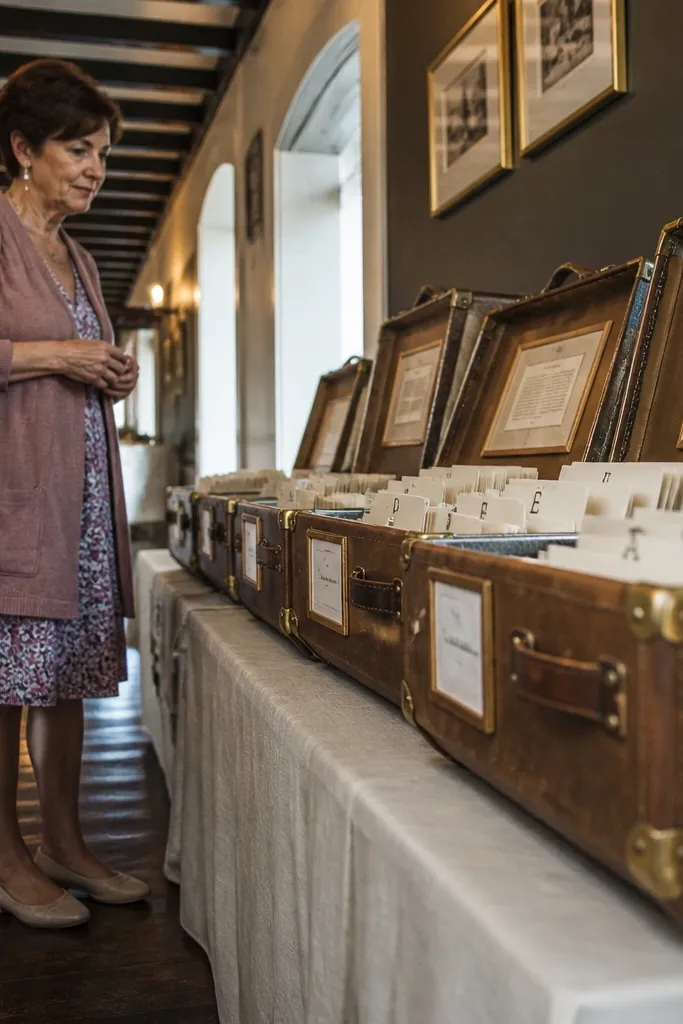 Open vintage suitcases with labeled sections for guest names by table