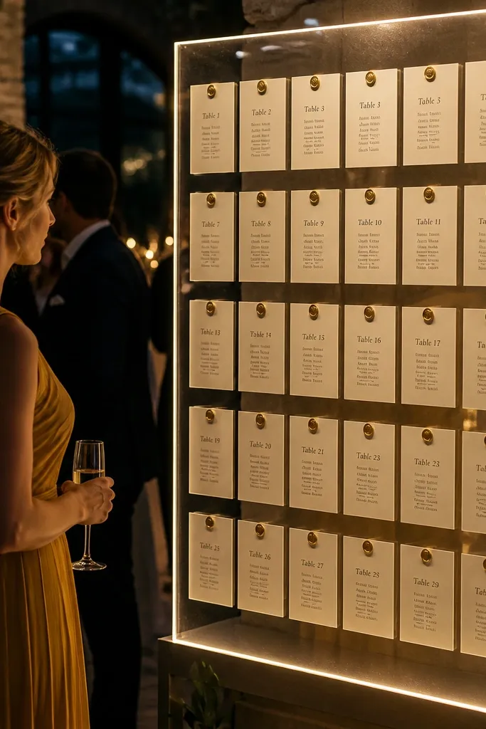 Clear acrylic seating map with small place cards and glowing edges