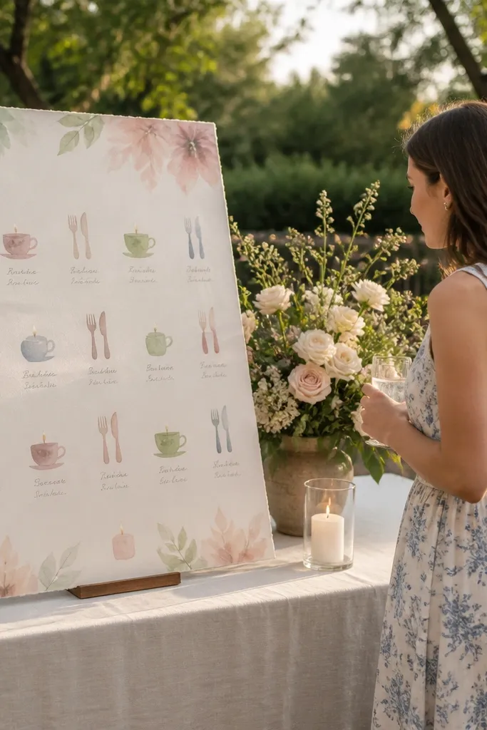 Watercolor place setting illustrations with table icons and name lists