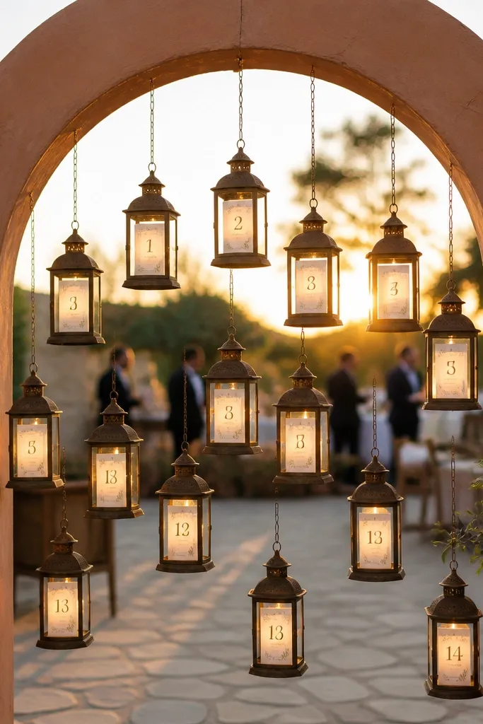 Terracotta arch with lanterns labeled by table number and name cards inside