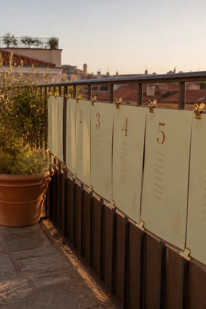 Terracotta and sage chart cards clipped to a balcony railing by table number