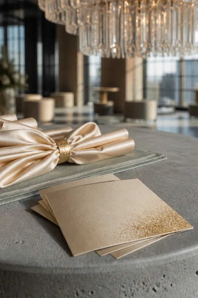 Champagne table setting with sage gray napkins and gold foil place cards