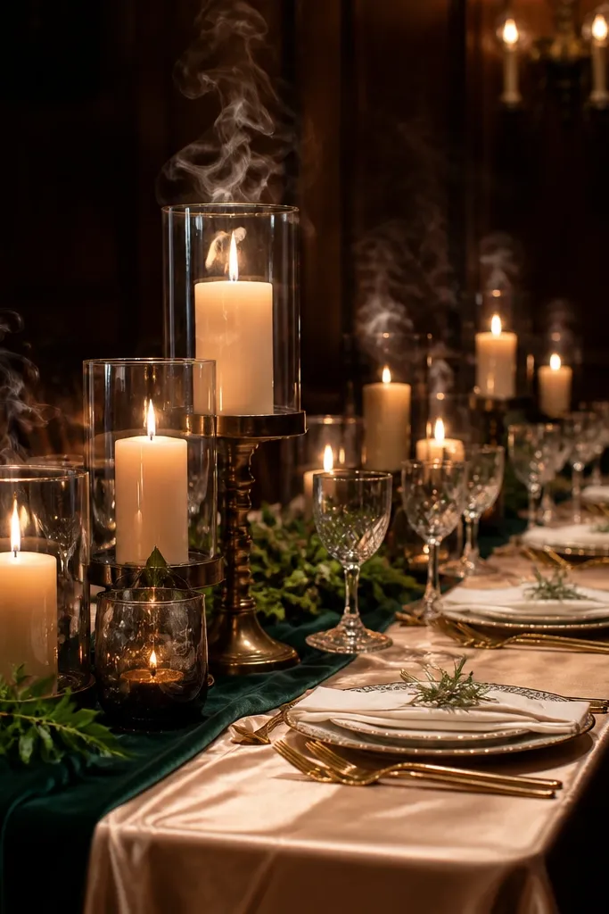 Champagne tablecloth with emerald green centerpieces and ivory taper candles