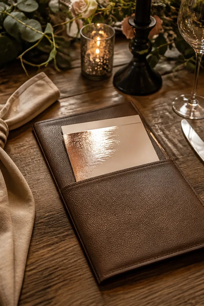 Champagne place settings with rose gold cutlery and cocoa leather menu holders