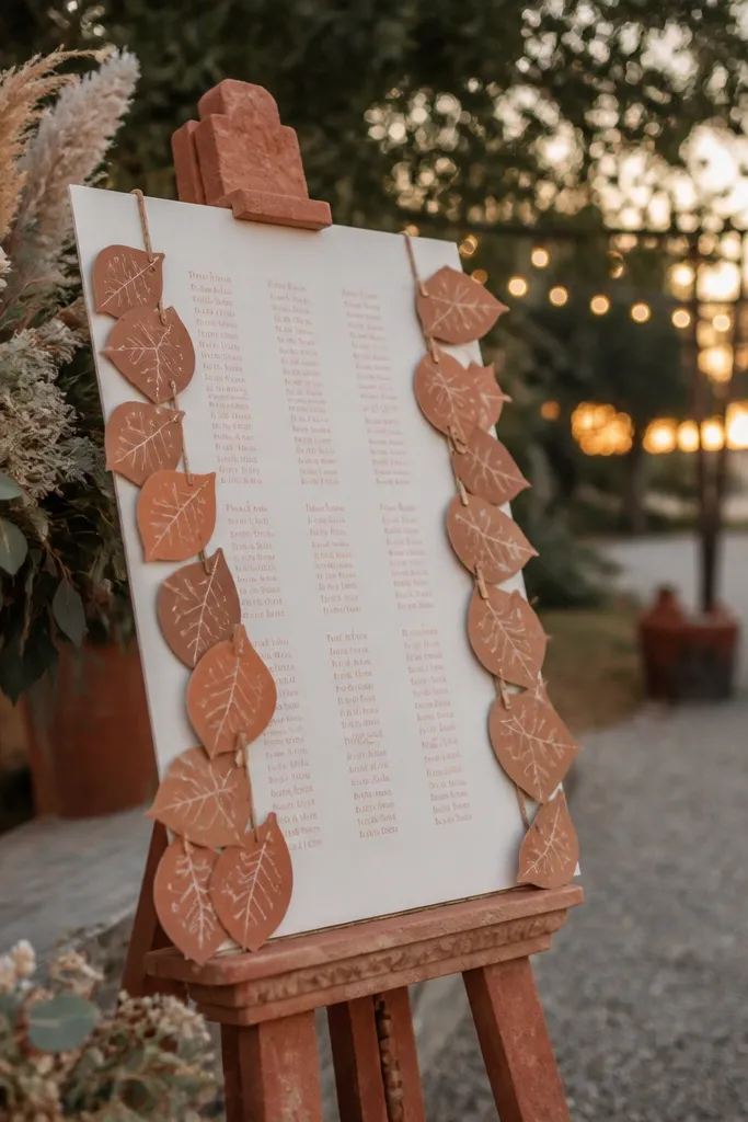 A terracotta-colored easel with a seating chart and leaf-shaped cards