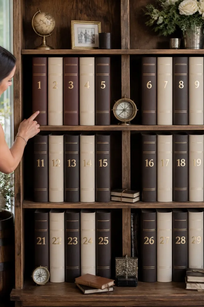 A small bookshelf display with table-number labels like book spines