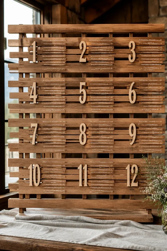 Wood slats with laser-cut table number pieces and a seating list behind