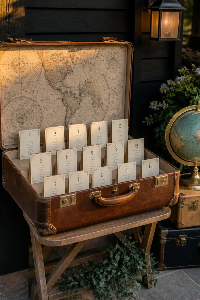 An open suitcase with a seating chart and table-number place cards inside