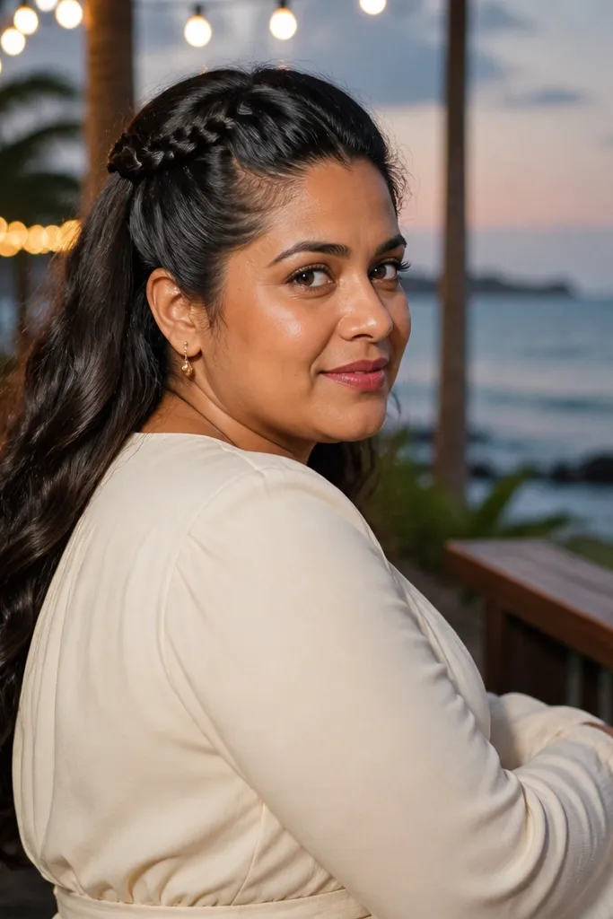 Long hair half-up with a braid, secured neatly with minimal visible elastic
