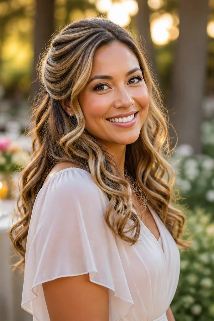 Half-up curled hair with a twisted back clip holding the top