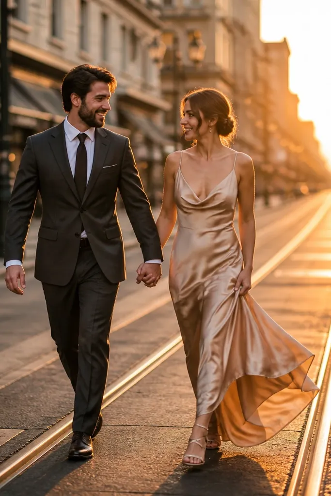 Couple walking on tram tracks with warm sunset light
