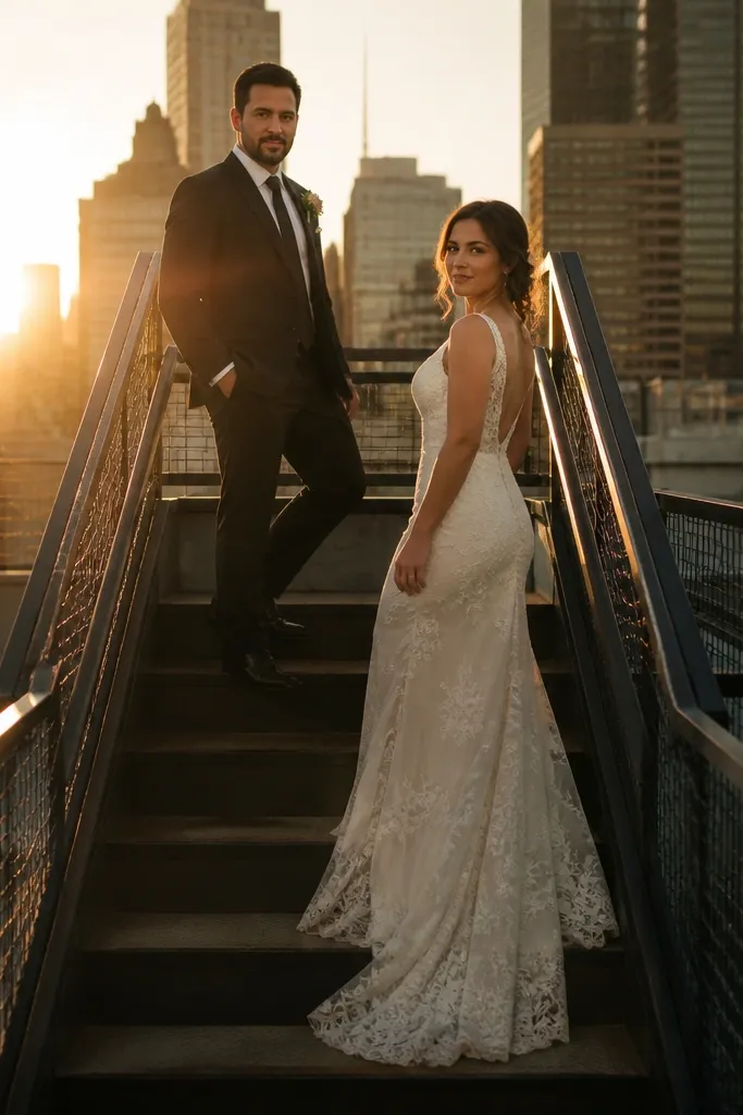Bride and groom framed by a rooftop staircase with city skyline
