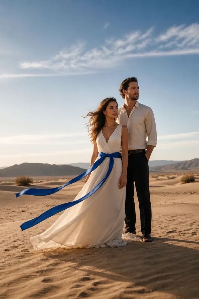 Bride and groom in desert wind holding a flowing silk ribbon