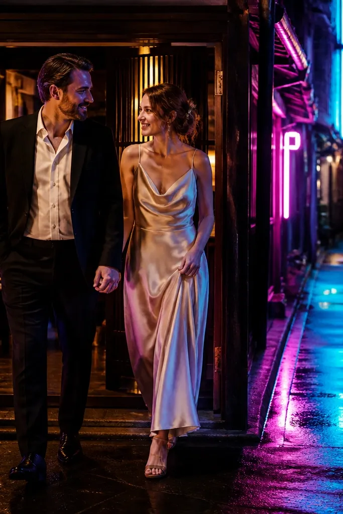 Couple stepping out of a doorway into neon alley light