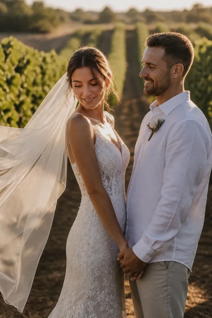 Couple walking between vineyard rows with flowing fabric
