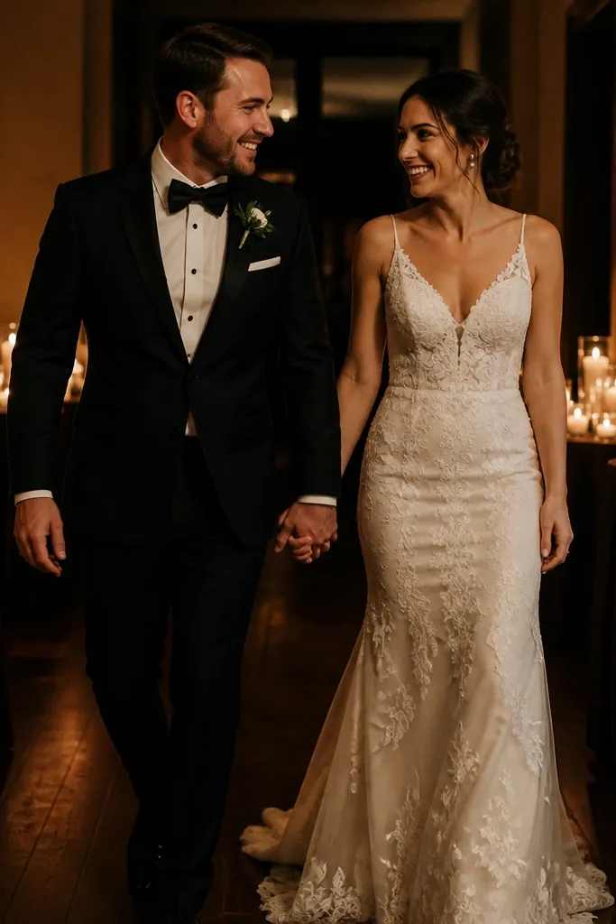 Couple walking out of a venue under warm candlelight