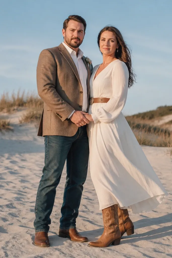 Bride and groom on sand dunes with boots and a flowing skirt