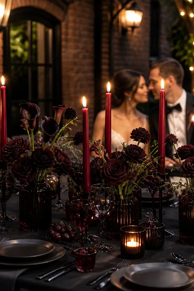 Black drapes with ruby red flowers and warm candlelight