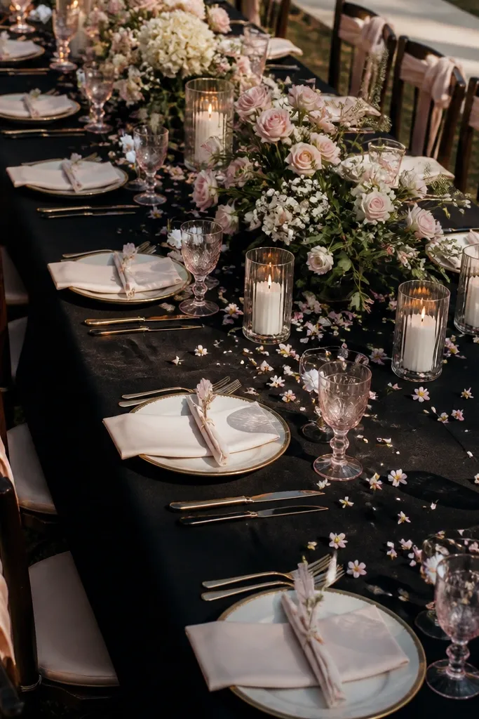 Black and blush wedding reception with warm ivory linens and candle glow