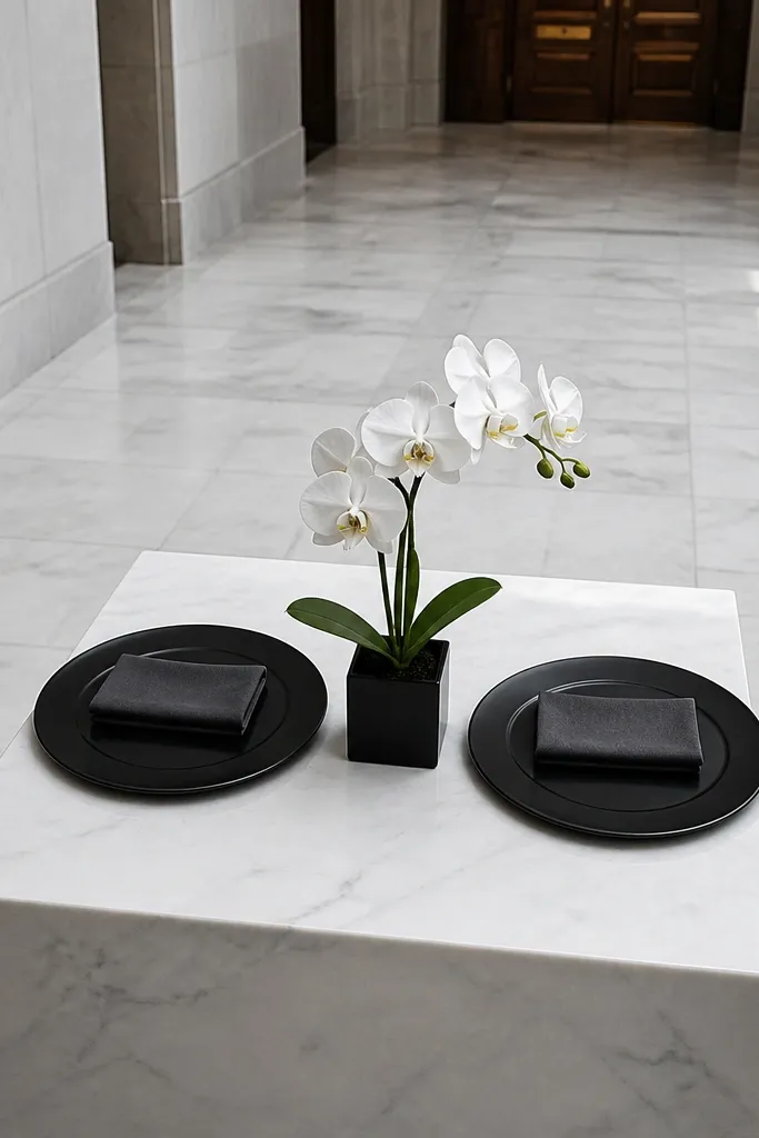 Charcoal and black tables with white marble-style cake stand and minimal florals