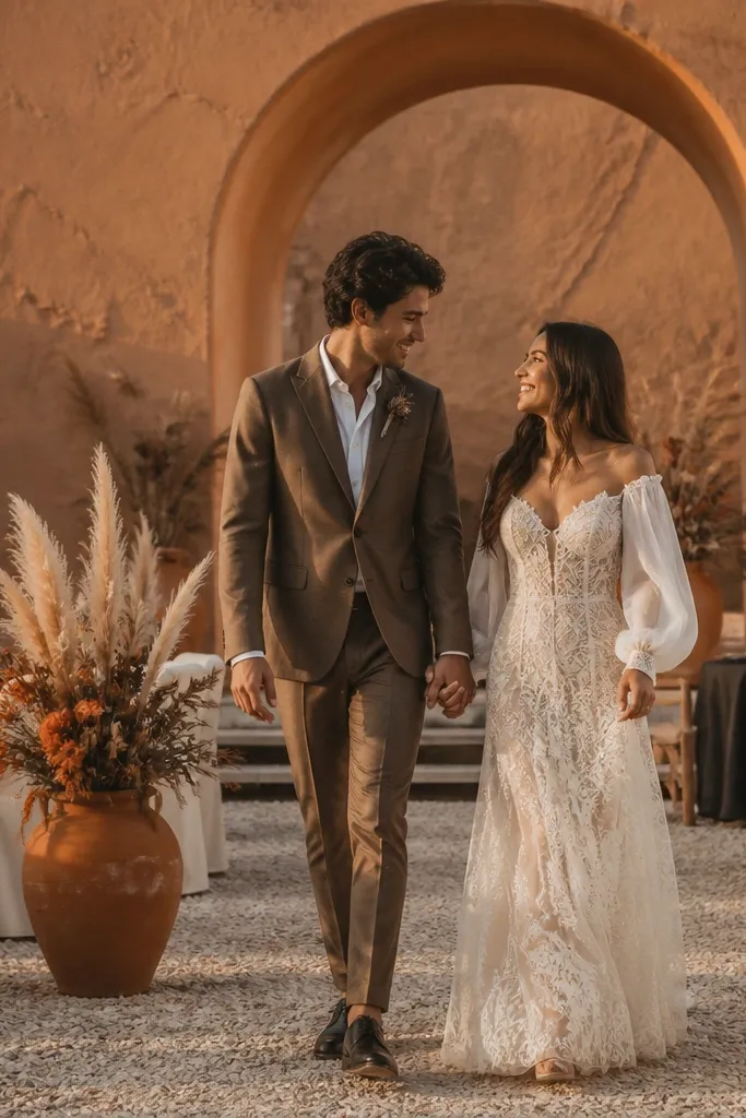 Ivory linens with terracotta florals and black accents in a warm outdoor desert setting