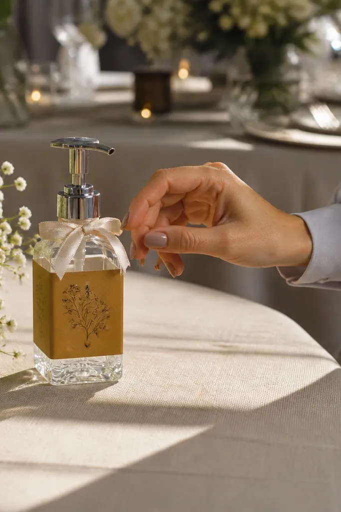 Clear glass hand cream bottle with a neat label and a small bow
