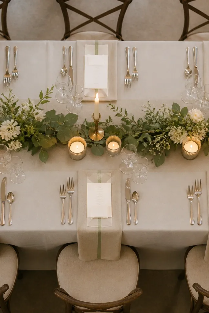 Small folded linen runner with a neutral stripe pattern on a wedding table