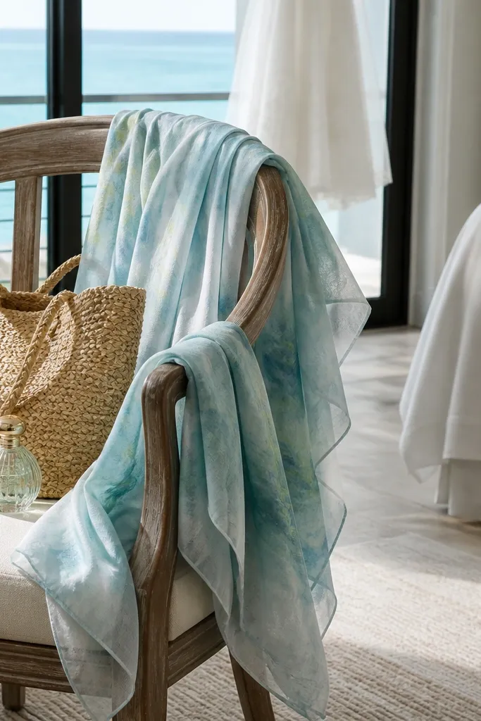 Lightweight scarf in a destination color palette folded with a ribbon