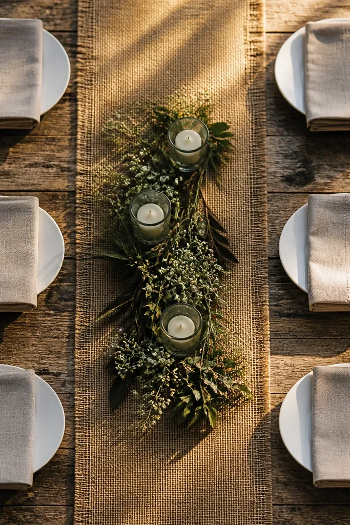 Burlap table runner with neatly stacked beige linen napkins and simple tableware